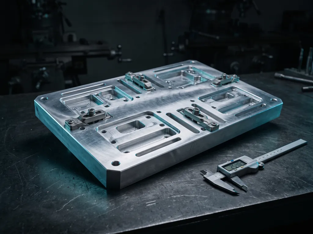 Placa de aluminio con cavidades y sujeciones para línea de ensamble